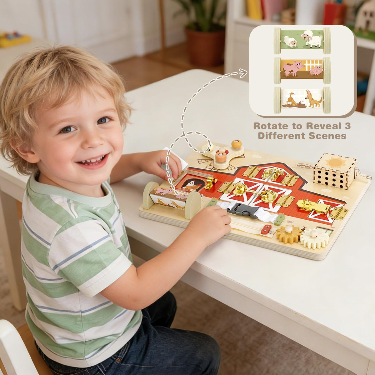 Joyreal wooden busy board wind-up music box provides gentle sensory cue.