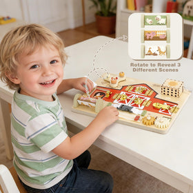 Joyreal wooden busy board wind-up music box provides gentle sensory cue.