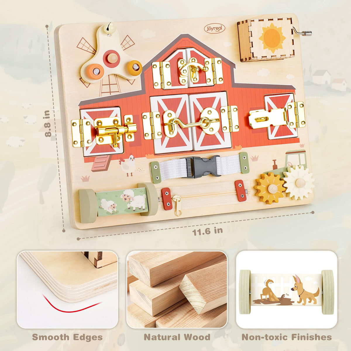 Joyreal busy board zipper and clasp feature supports precise finger movements.