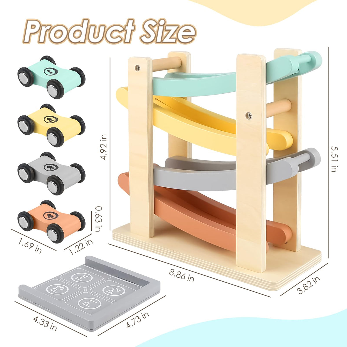 Joyreal wooden ramp with cars in parking lot scene for organized, cooperative play