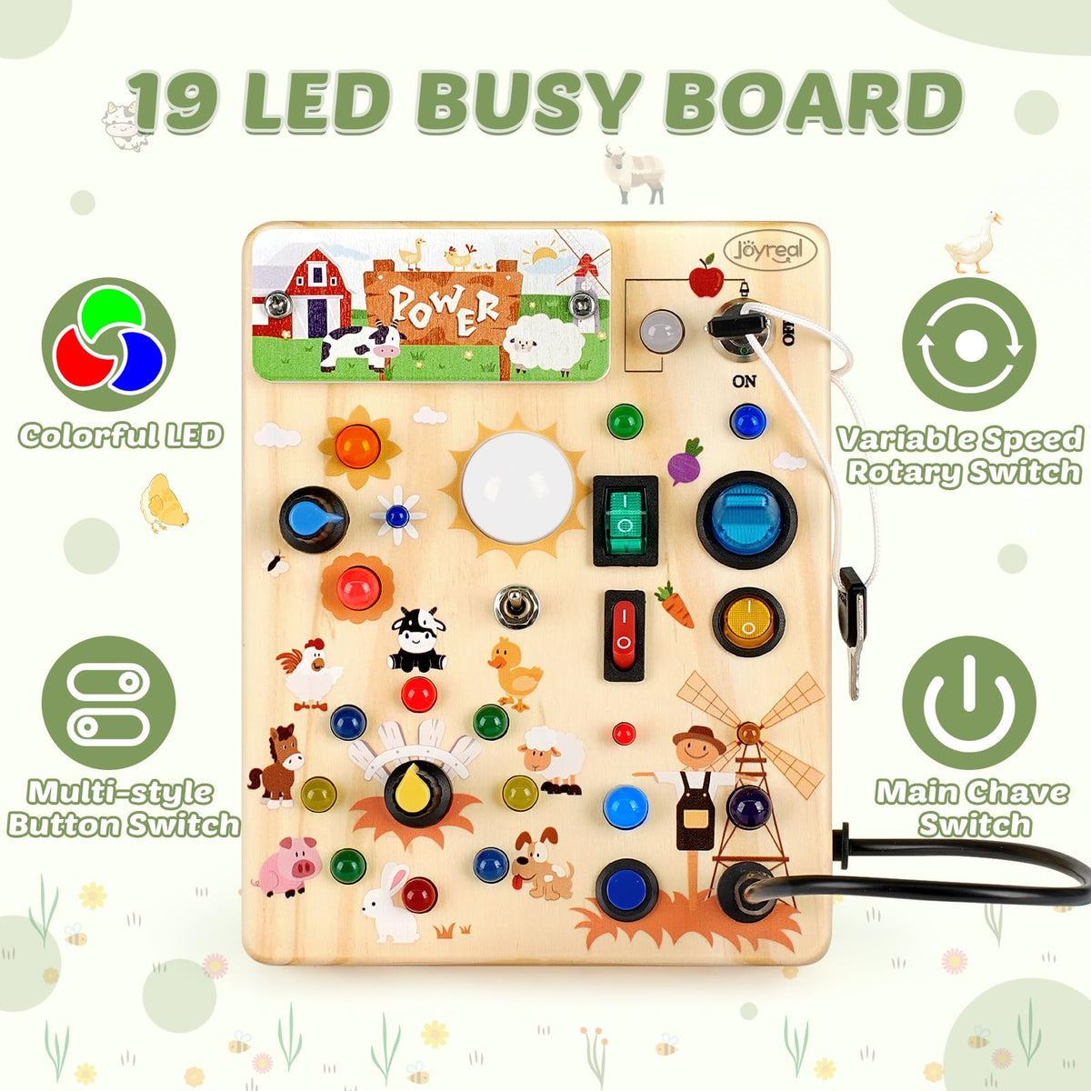 Joyreal wooden sensory board with buttons highlights color and size learning.
