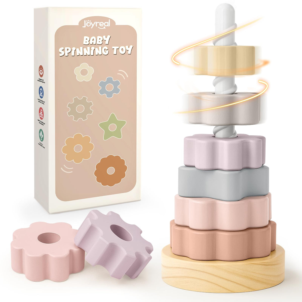 Joyreal wooden spinning stacking toy with gears in motion for toddlers