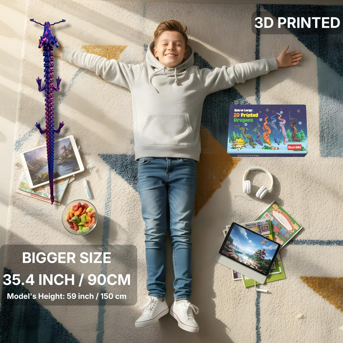 Joyroud articulated dragon in coil pose for dynamic desk play