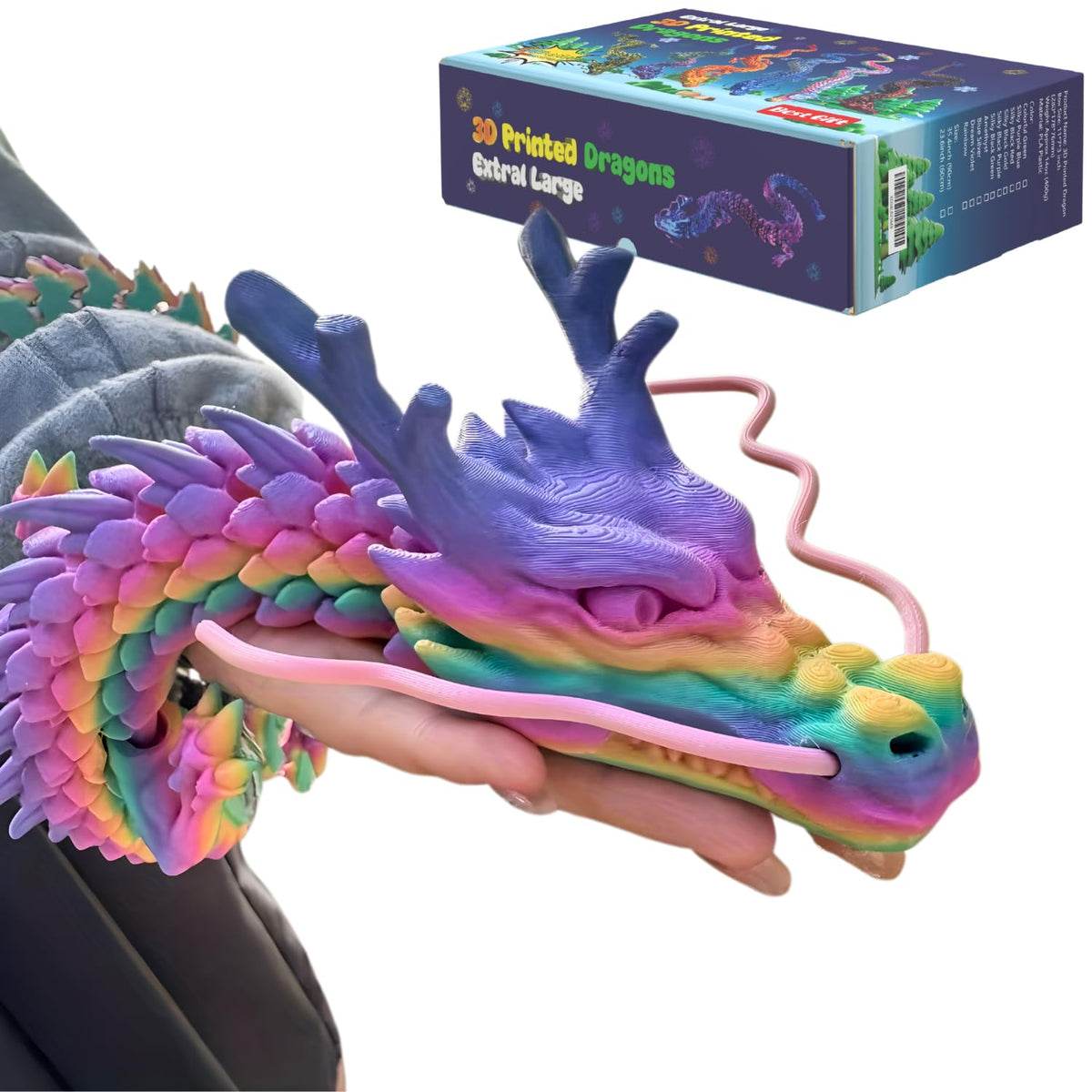 Joyroud large rainbow dragon front view shows articulation and metallic finish for desk display