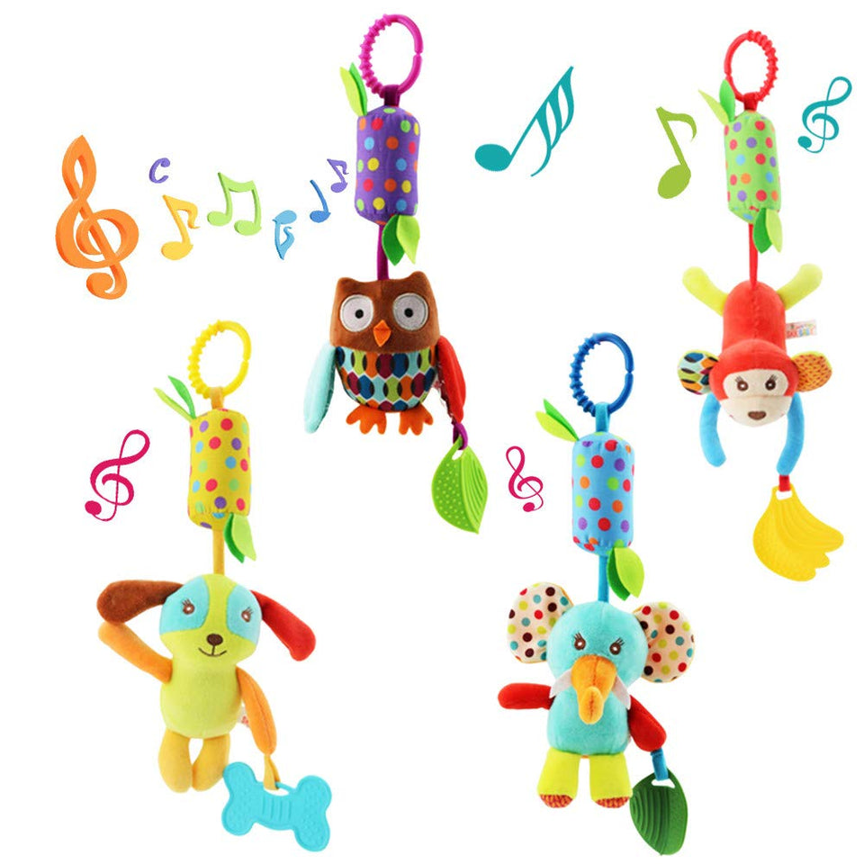 Joyshare elephant rattle hangs from a stroller to entertain and soothe baby.