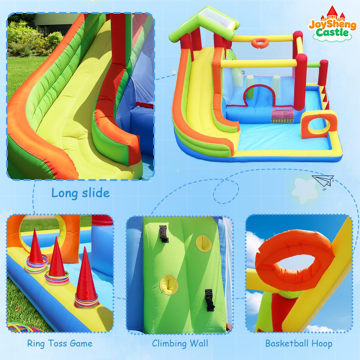 JoySheng Castle mega bounce house basketball hoop invites cooperative play and scoring games.