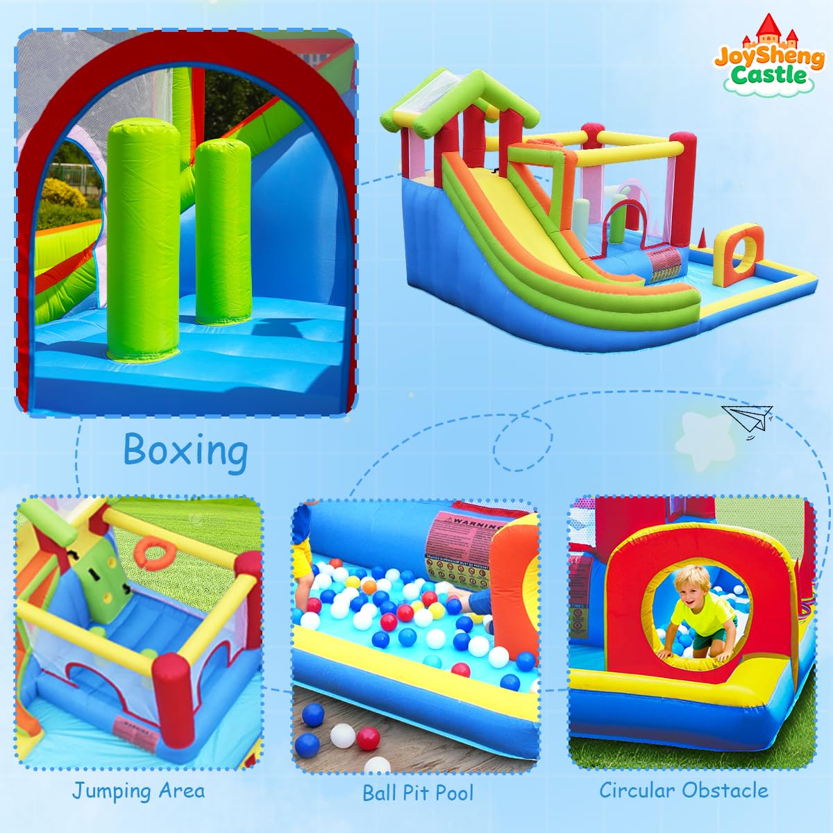 JoySheng Castle mega bounce house durable materials indicate long-lasting use.