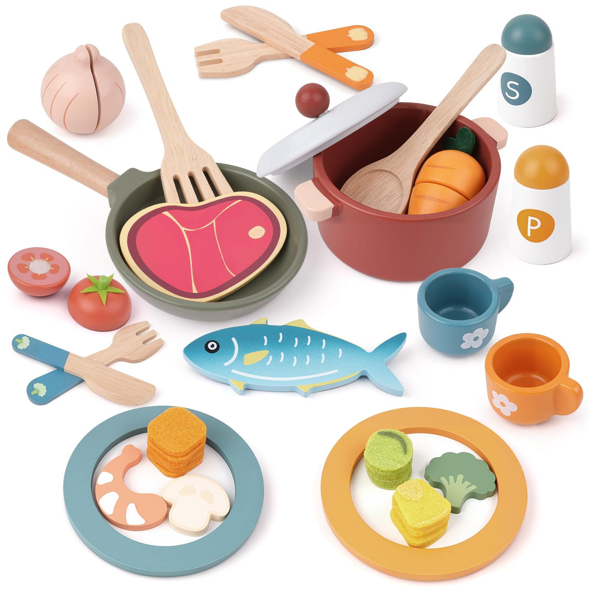 JOYSINTOY wooden play kitchen fish sparks imaginative pretend cooking with siblings