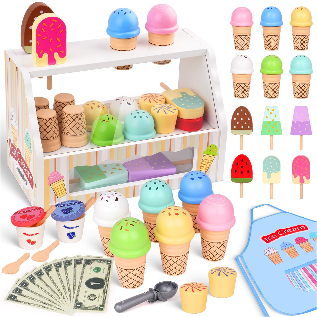 JOYSINTOY wooden ice cream counter for imaginative pretend play