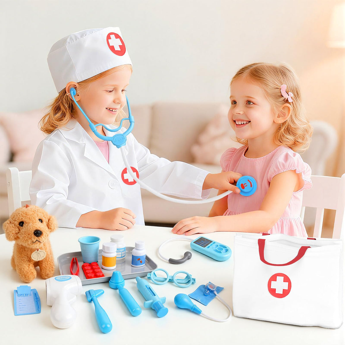 JOYSINTOY thermometer and hearing tester introduce basic tools for care play.