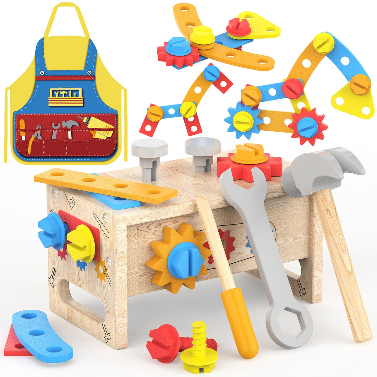 JOYSINTOY wooden tool bench with apron for imaginative play and fine motor skills.