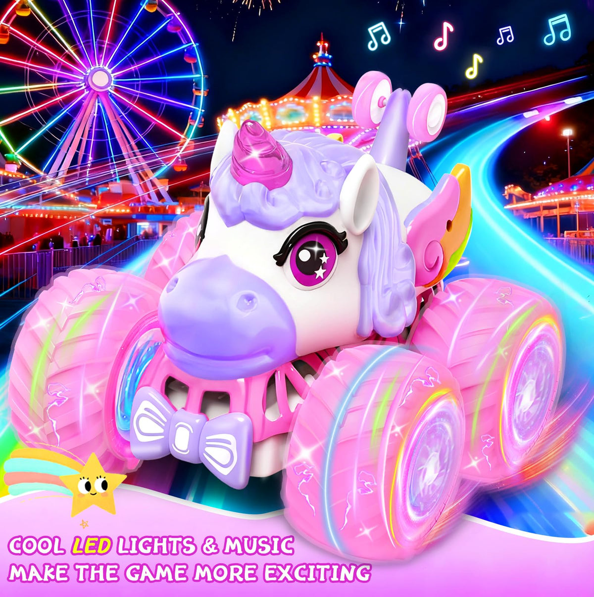 JOYSINTOY unicorn RC car with LED wheels for enhanced visibility