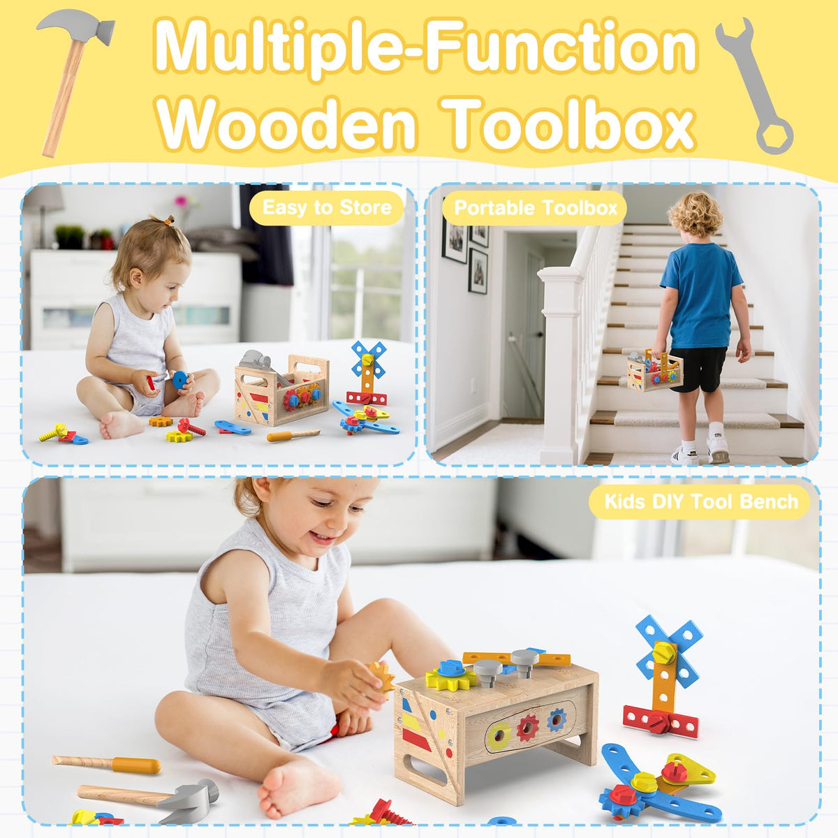 JOYSINTOY 42-piece wooden tool set inspires creativity and problem solving.