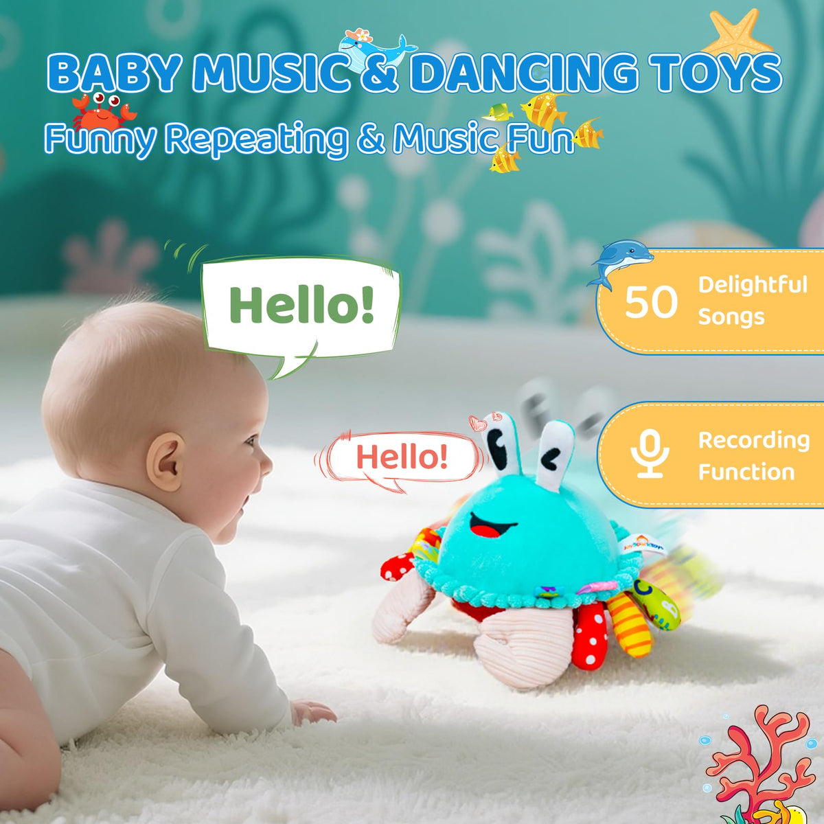 JoySpark Crab toy offers 50 songs to spark musical interest.