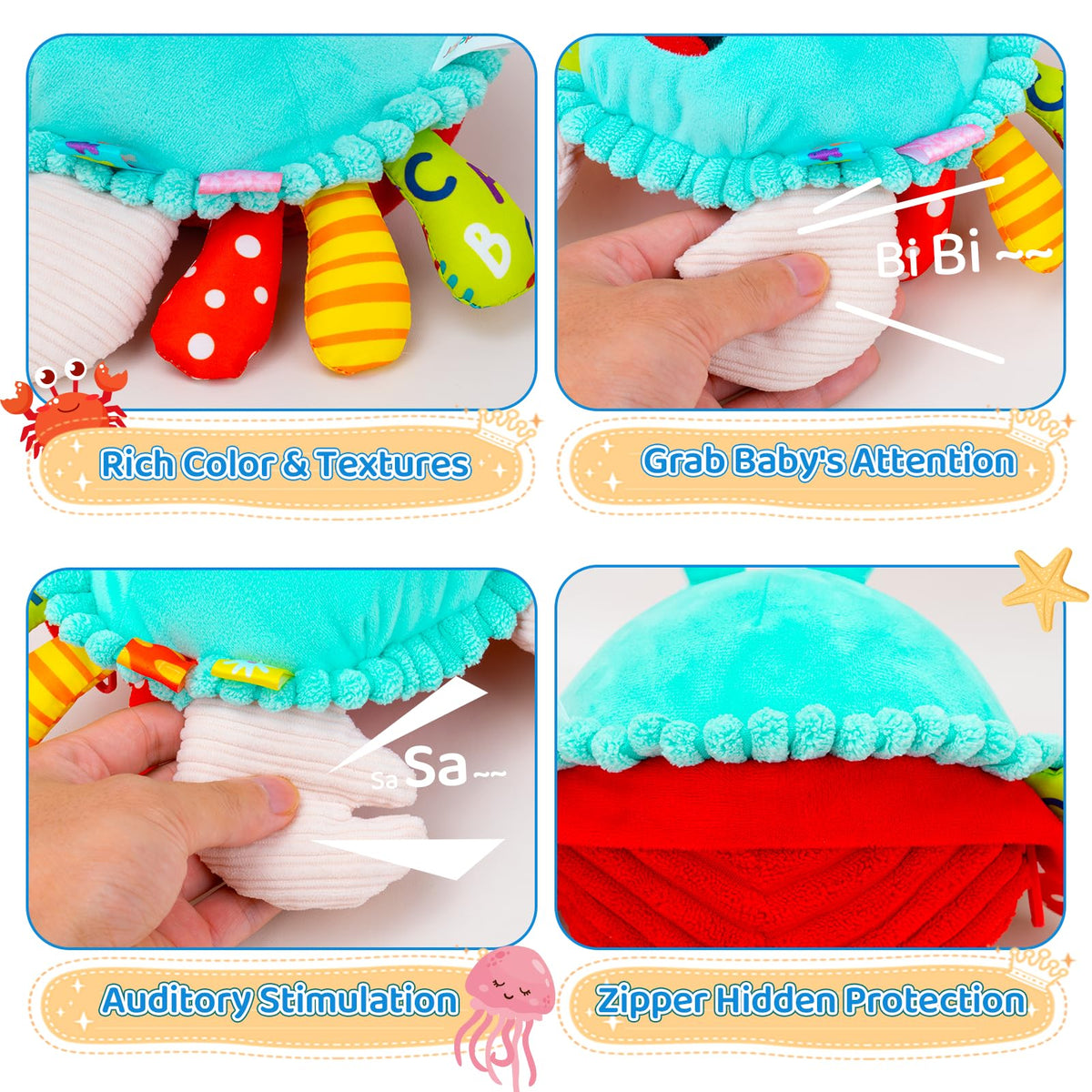 JoySpark Crab crinkle and squeak sounds enrich sensory play.
