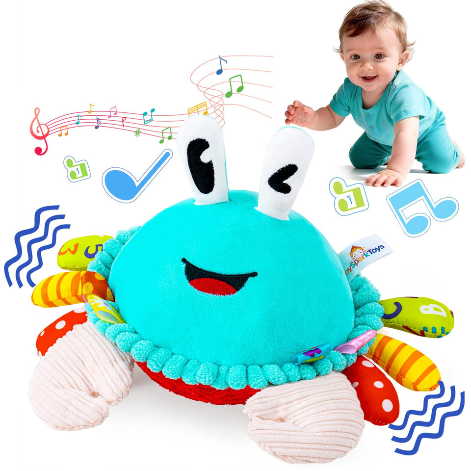 JoySpark Baby Crab Toy dancing and bouncing to engage early motor play.