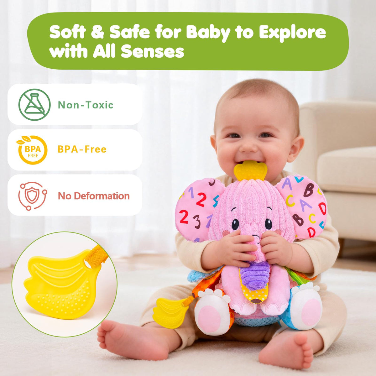 JoySpark Elephant Tummy-Time Mirror helps baby lift heads and focus.