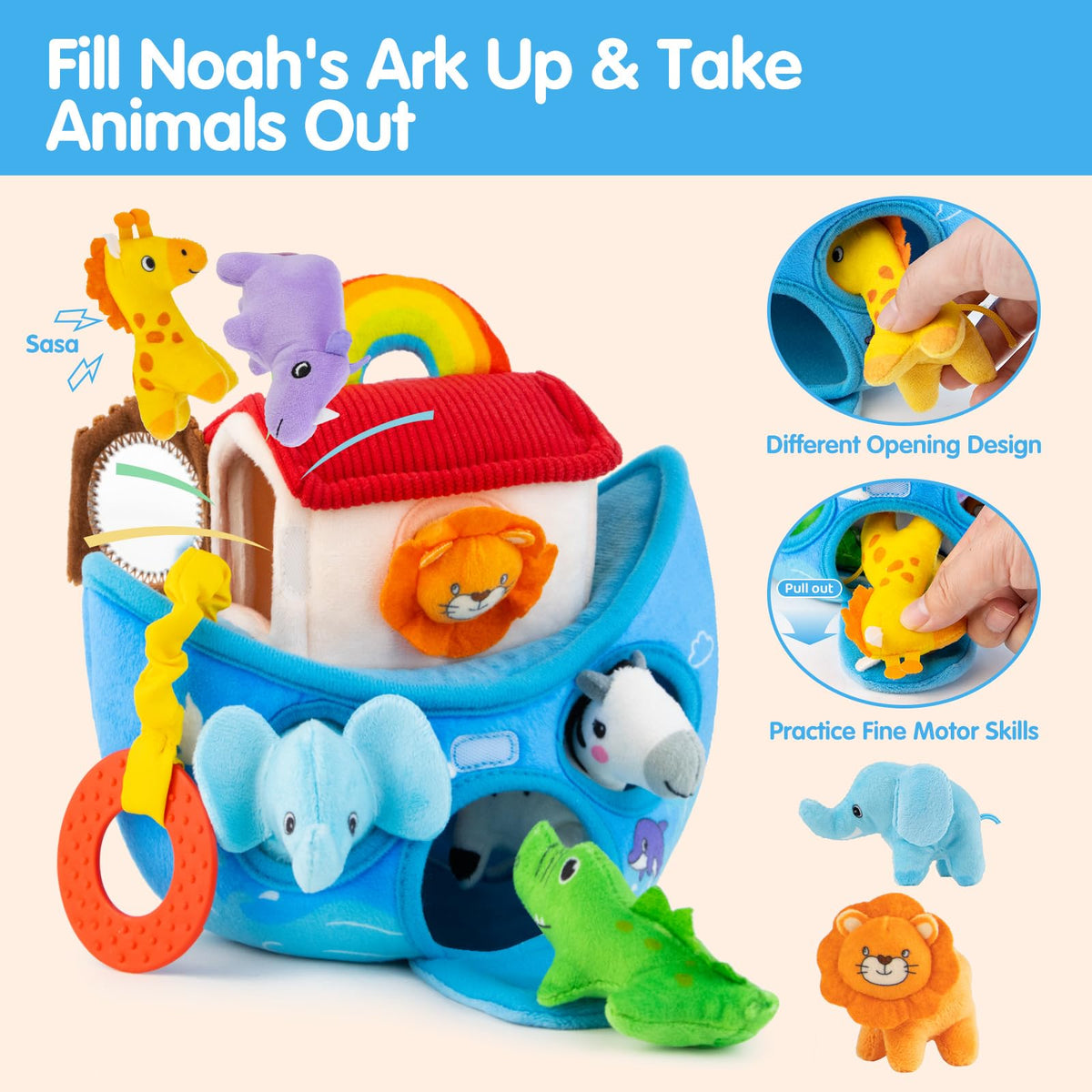 JoySpark Noah's Ark features crinkle sounds to spark curiosity.