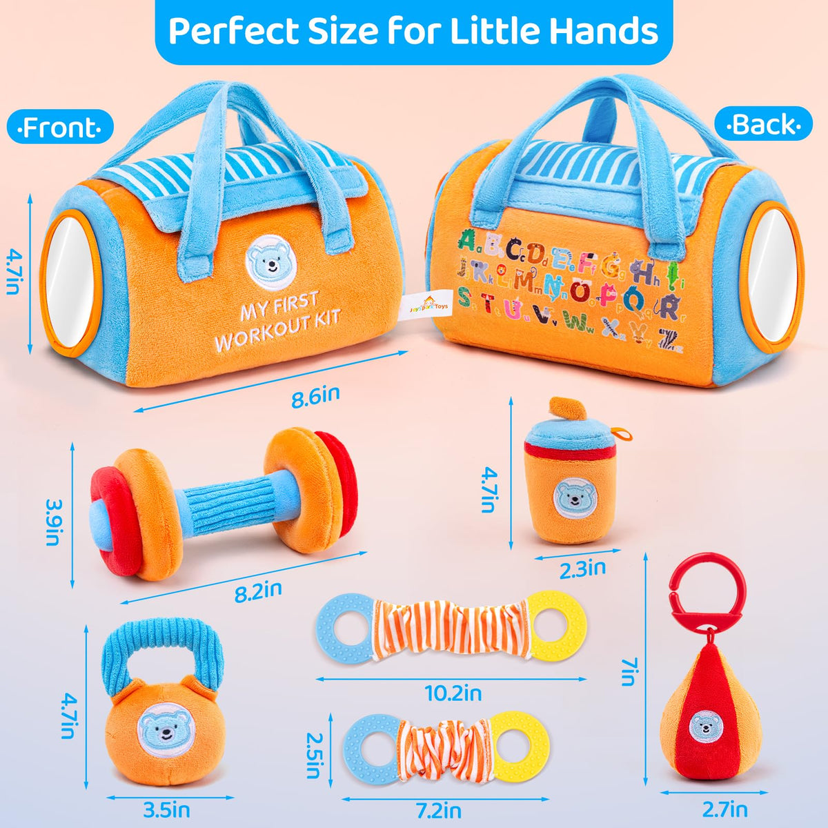 JoySpark Toys alphabet-printed gym bag supports early learning