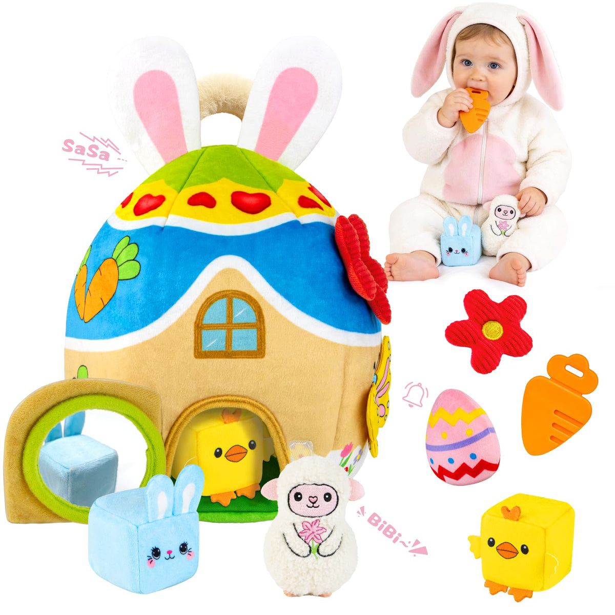 JoySpark Toys bunny burrow egg house with crinkle ears for tactile play