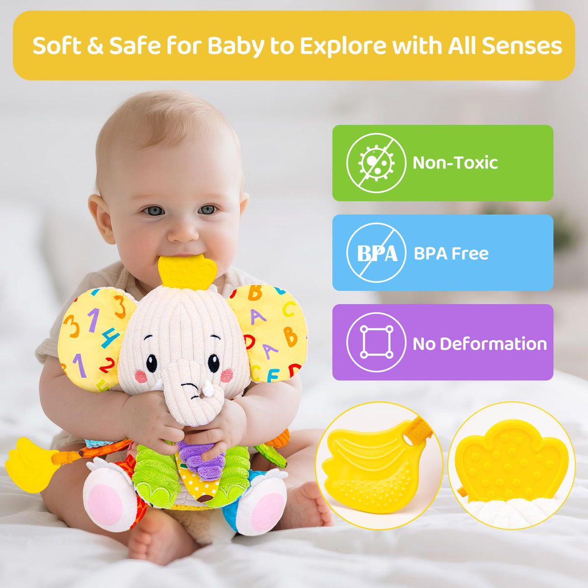 JoySpark Toys elephant Velcro attachment keeps toy secure on stroller or car seat