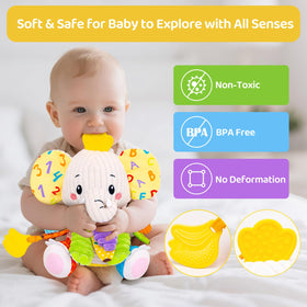 JoySpark Toys elephant Velcro attachment keeps toy secure on stroller or car seat