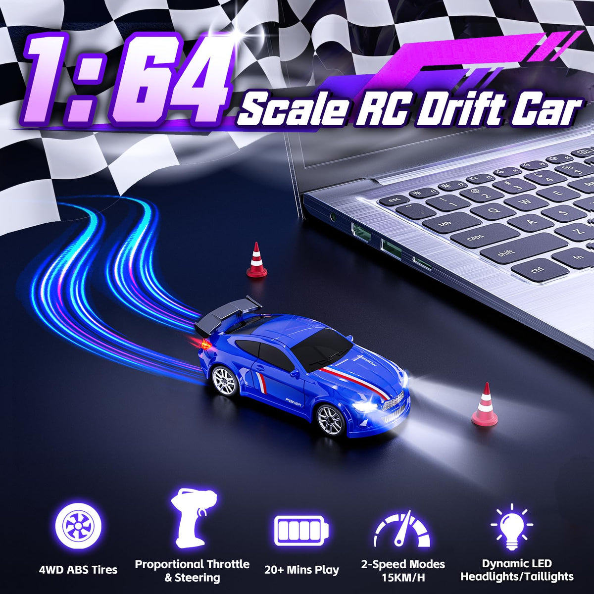 JoySpark Toys mini RC car with front LEDs for enhanced night driving visibility.