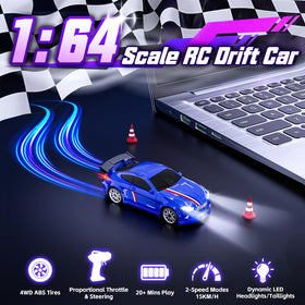 JoySpark Toys mini RC car with front LEDs for enhanced night driving visibility.