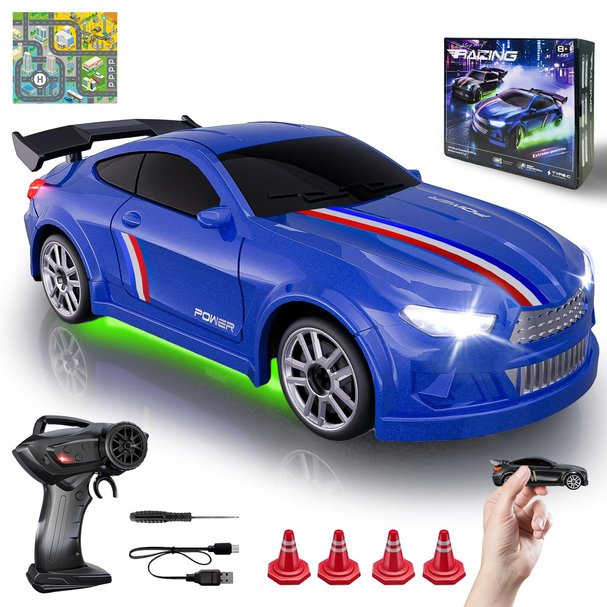 JoySpark Toys mini RC drift car side view, showing precise control for smooth drifting.