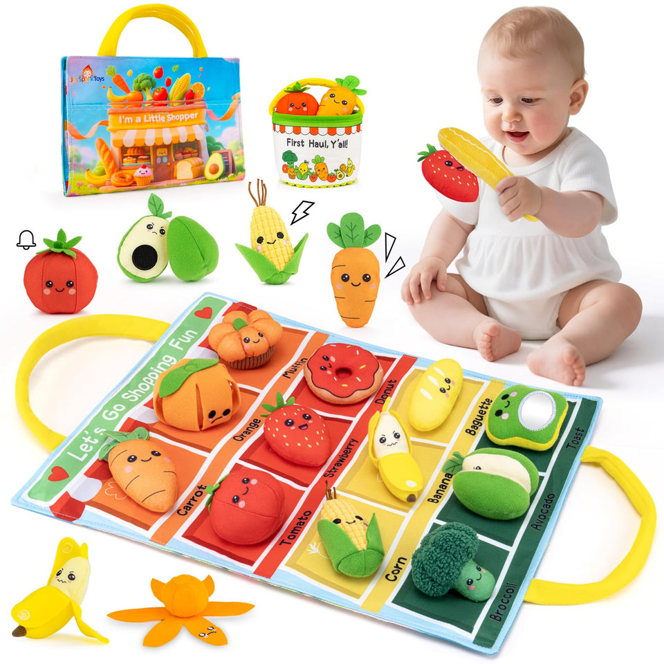 JoySpark Toys shopping tote bag and play mat for pretend shopping.