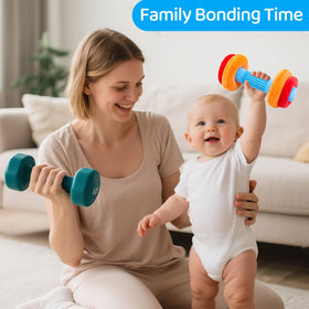 JoySpark Toys squeaky water bottle encourages mouthing and exploration