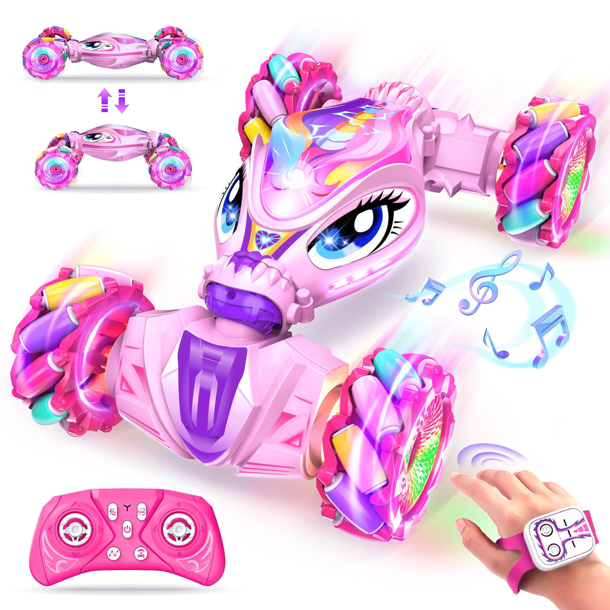 JoySpark Unicorn RC Stunt Car front view for magical indoor play
