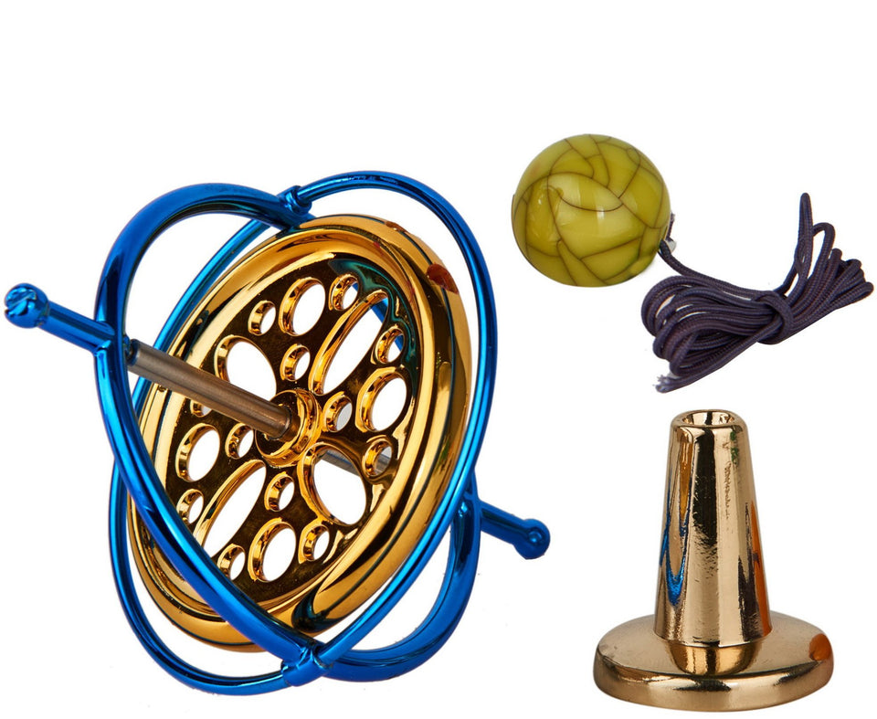 Joytech precision gyroscope with blue frame showing balanced rotation for focused play
