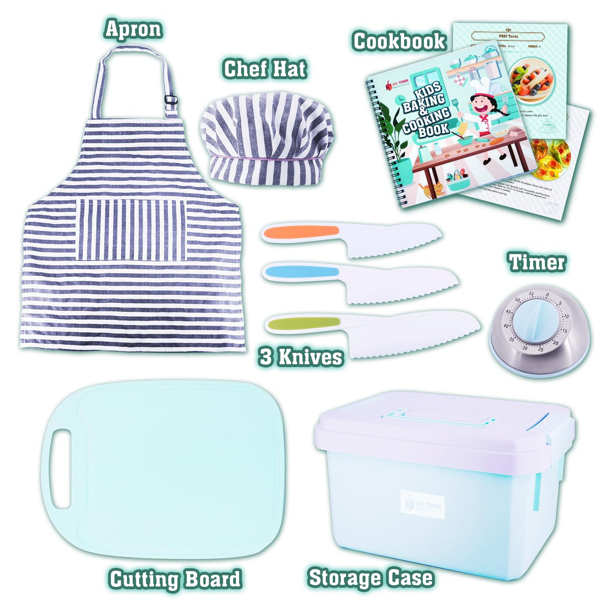 JoyTown apron and chef hat for kid-friendly role play.