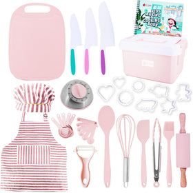 JoyTown kids cooking set stored in pink case, portable family activity
