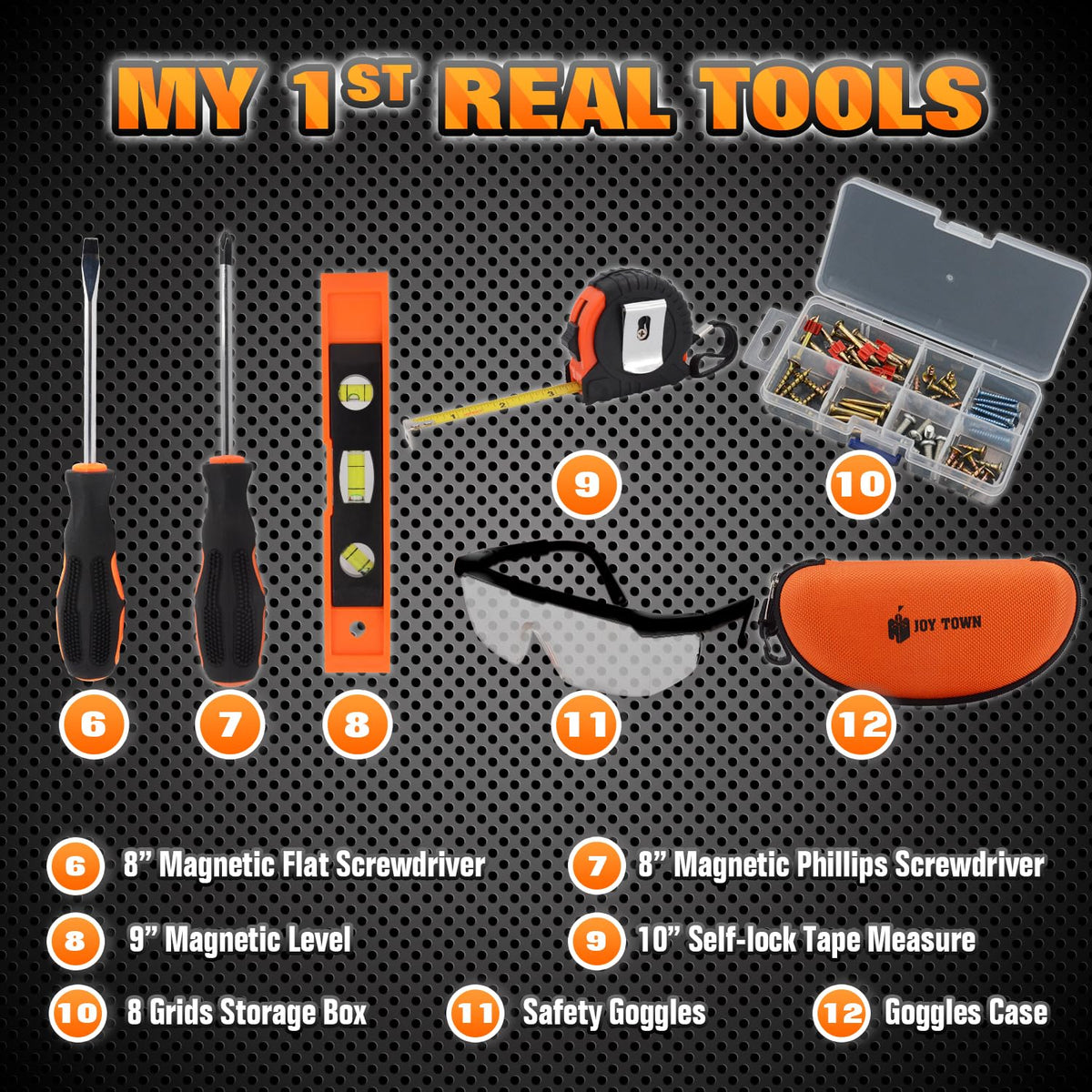 JoyTown Kids Real Tool Set screwdrivers enabling real tool use for simple repairs.