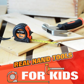 JoyTown Kids Real Tool Set tape measure teaching metric and inch measurements.