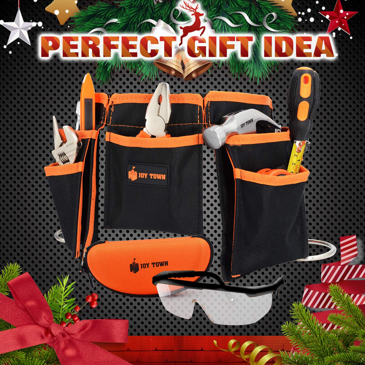 JoyTown Kids Real Tool Set tool belt and bag keeps tools organized for kids.