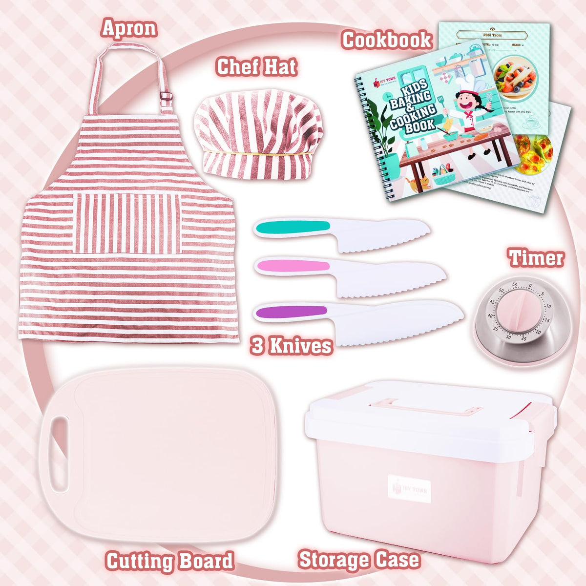 JoyTown real knives and cutting board in pink for safe prep under supervision