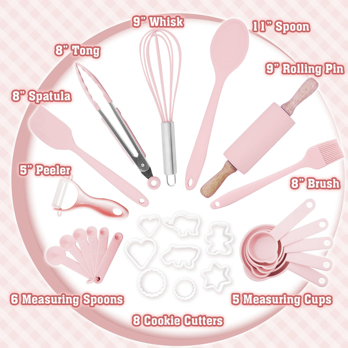 JoyTown silicone baking utensils in pink for safe handling