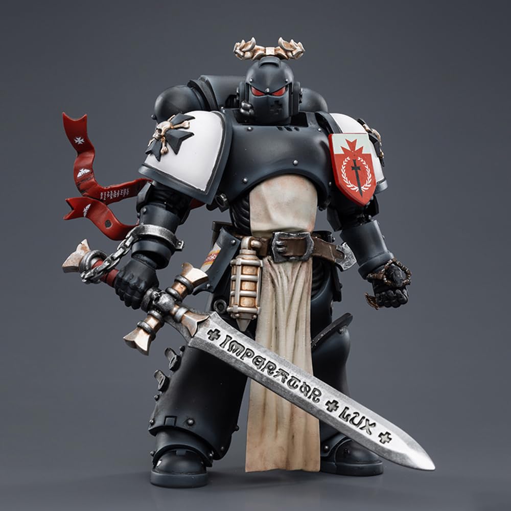 JOYTOY 1/18 Black Templars Rolantus dynamic pose displayed on shelf.