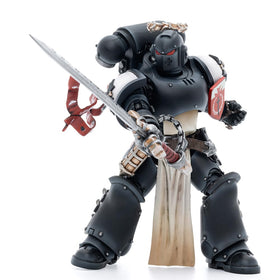 JOYTOY 1/18 Black Templars Rolantus poseable figure showing articulation for dynamic setups.