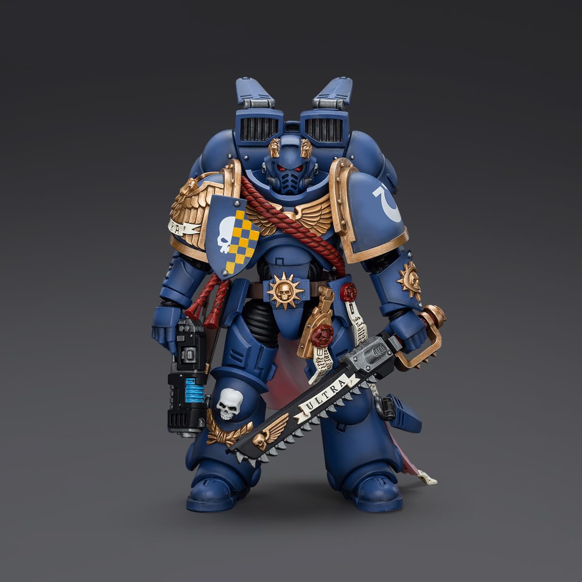 JOYTOY Ultramarines Captain jump pack detail showing vintage paint textures.