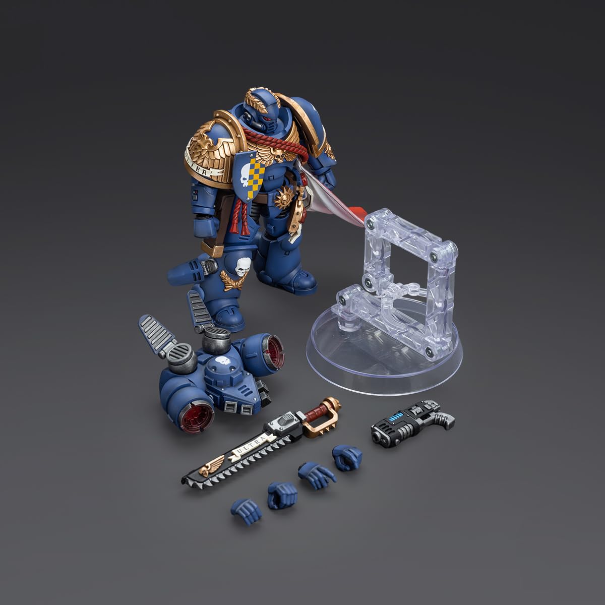 JOYTOY Ultramarines Captain jump pack on display with lighting and stand.
