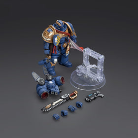 JOYTOY Ultramarines Captain jump pack on display with lighting and stand.