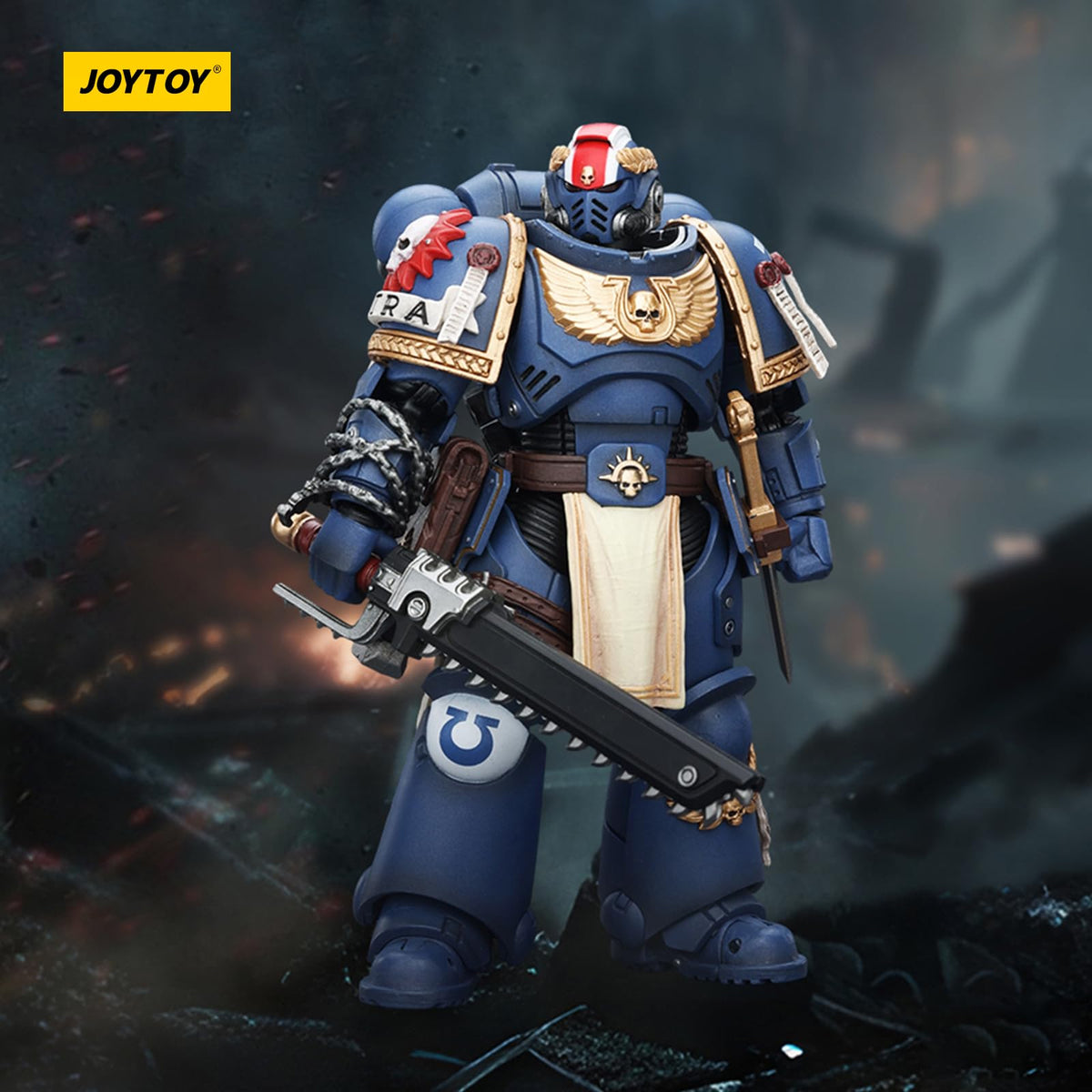 JOYTOY Ultramarines Titus in dynamic pose, ideal for action photography.