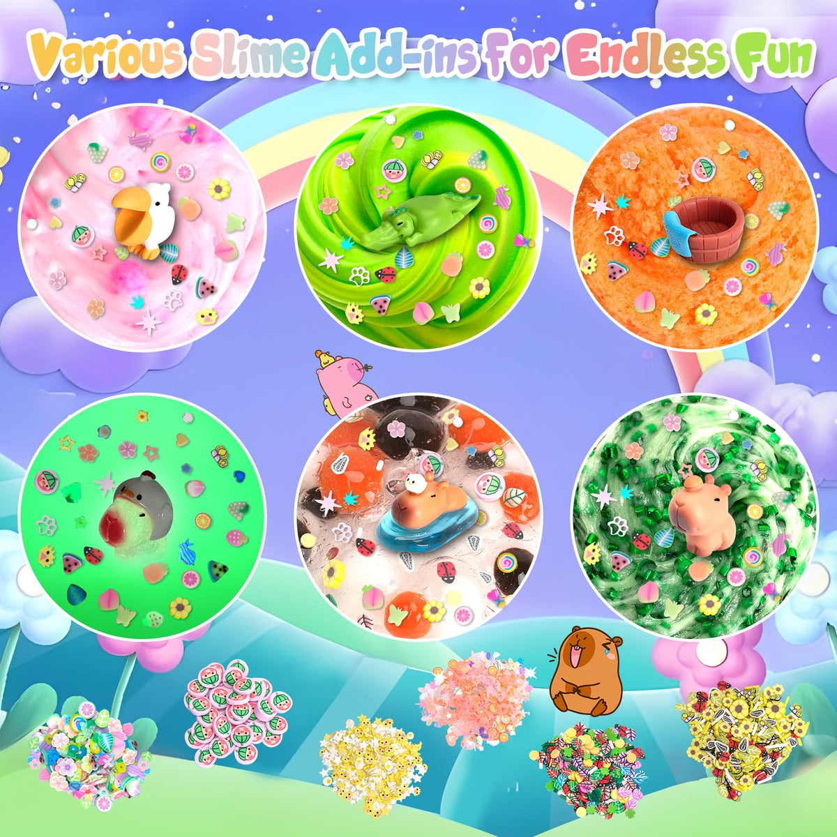 Joytry Capybara Slime Kit pom-poms texture adds colorful tactile bursts.