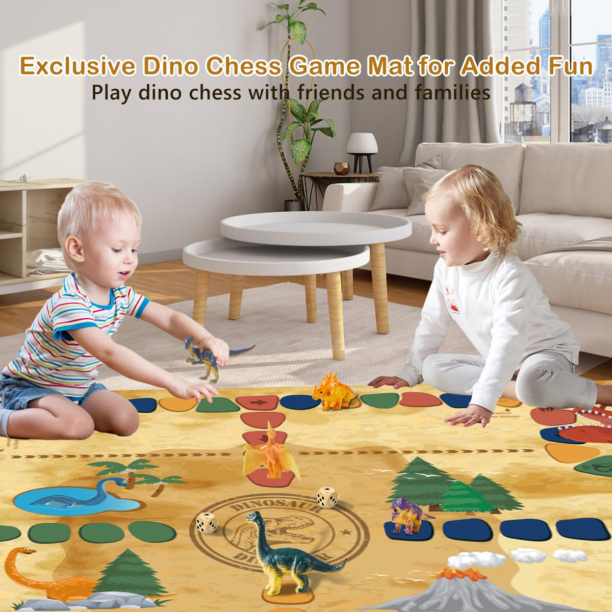 Joyvalley Dino Eggs XL dino chess mat supports cooperative, imaginative play.