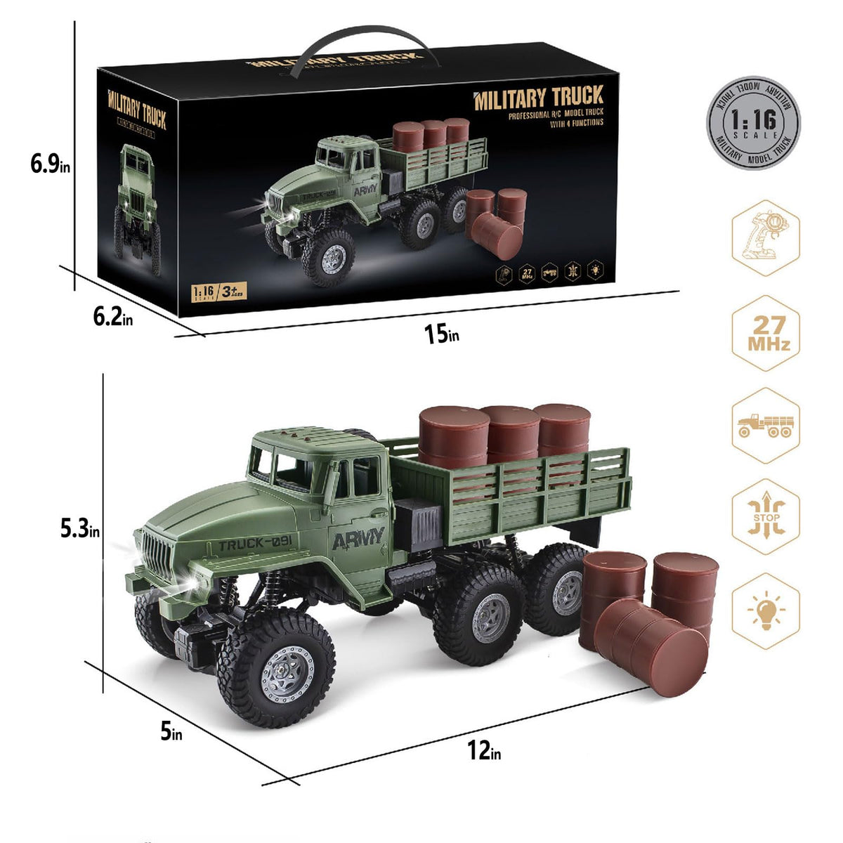 JPJCOOY RC Military Truck 6x6 safety plastics and kid-friendly design