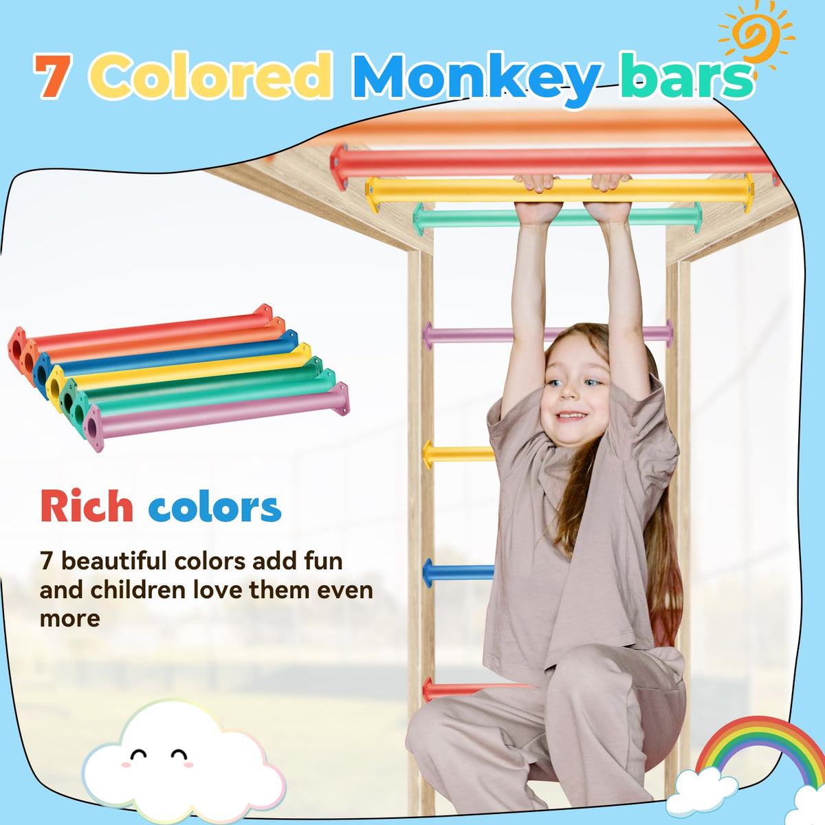 JPOIP yellow seven-color monkey bar for indoor or outdoor play with rust-resistant coating